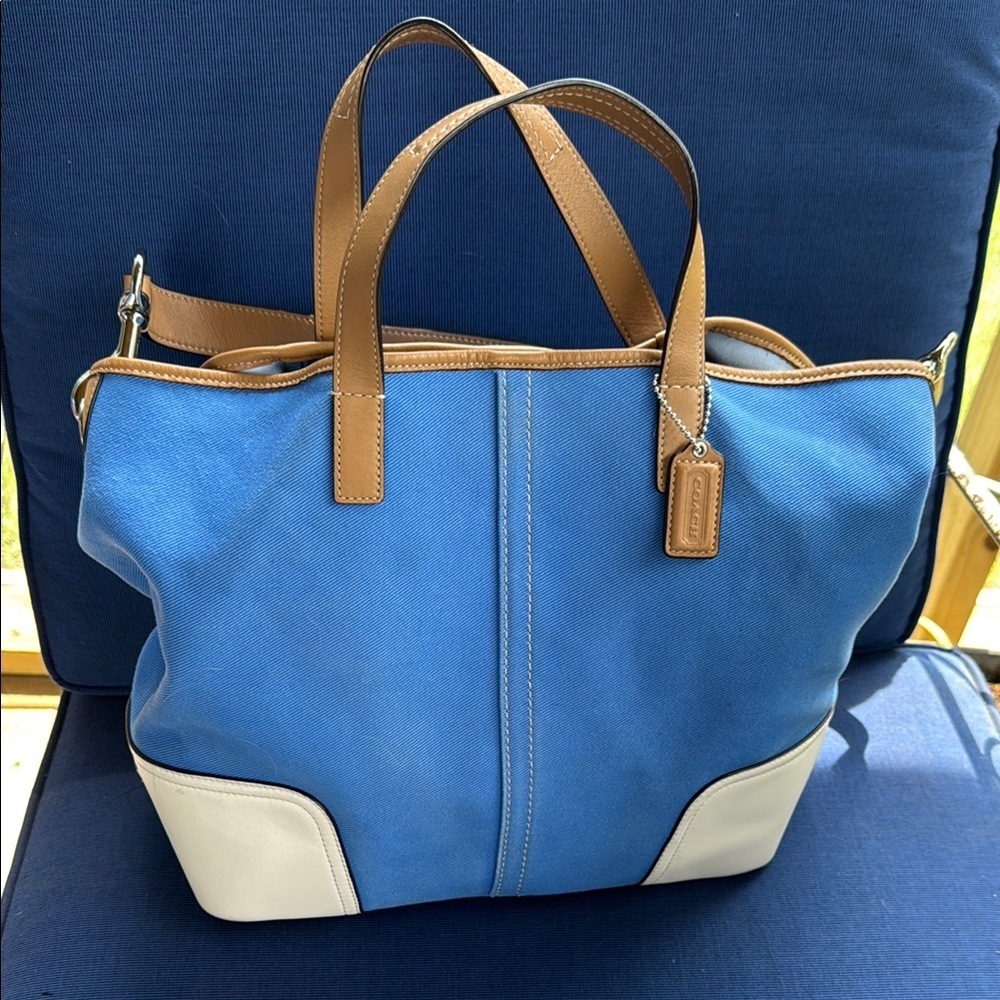 Coach Blue and Tan Suede Tote with Leather Trim